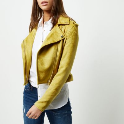 Yellow suede look biker jacket